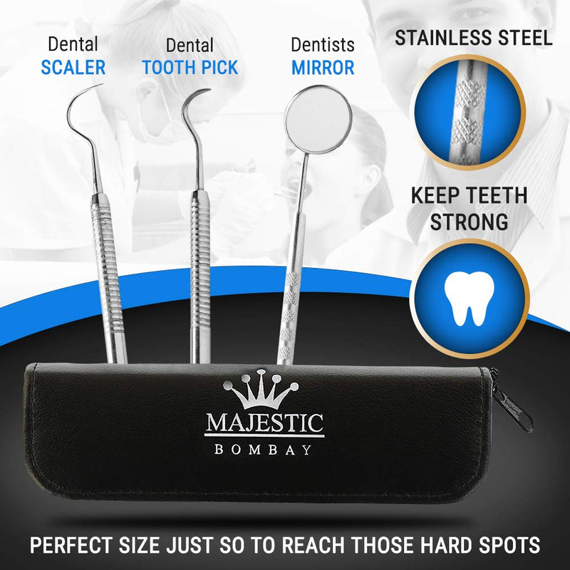 [Australia - AusPower] - Dental Hygiene Tool Kit - includes Stainless Steel Tarter Scraper/scaling Remover, Dental Toothpick, Mouth Mirror - by Majestic Bombay- Dentists Tools Set Is Ideal for Personal Use & Pet Friendly 