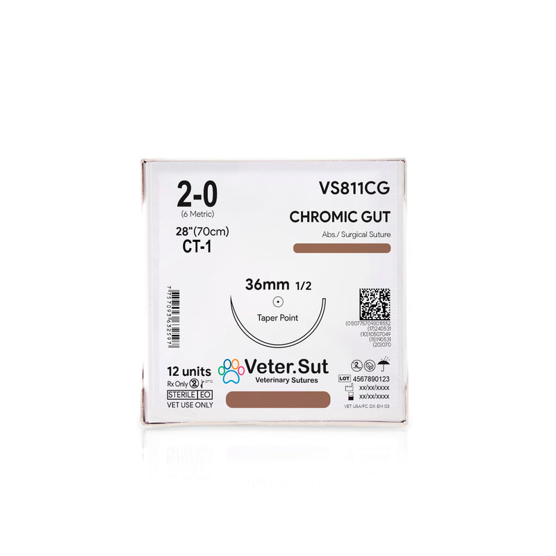 [Australia - AusPower] - VeterSut CHROMIC Gut Surgical Suture 2-0, (CT-1) 1/2 36mm Taper Point, 12 Count, Veterinary Use 