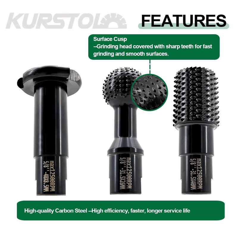 3 PCS Ball Gouge Angle Grinder Attachments - KURSTOL Sphere Rotary Burr with 5/8-11 Threads for 4 1/2 and 5 Inch Angle Grinder, Power Carving Tools for Wood Carving Grinding Hollowing Slotting 31.5 mm