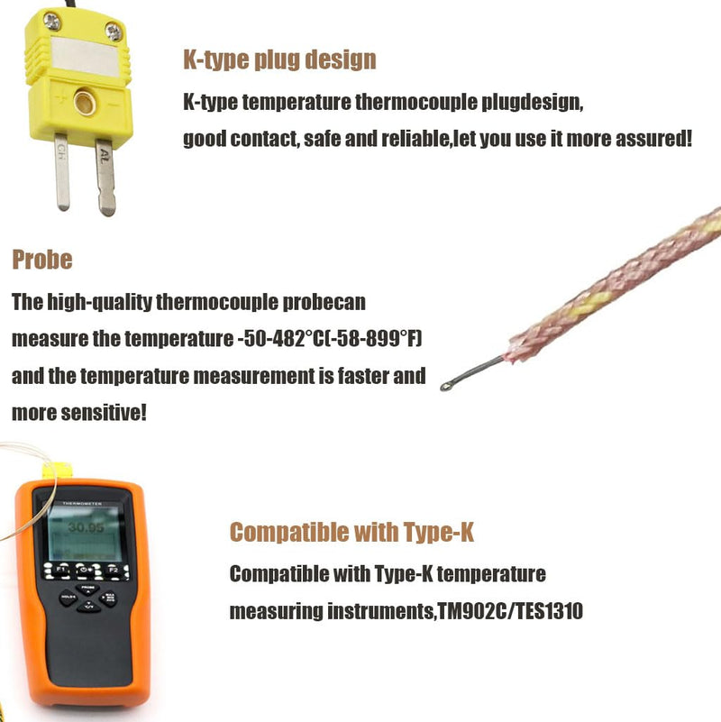 [Australia - AusPower] - K-Type Thermocouple Probe - High Accuracy Temperature Sensor with 1M and 3M Fiberglass Cable, -58°F to 899°F (-50°C to 482°C) Range, Fast <2s Response, Compatible with Type-K Measuring Devices 