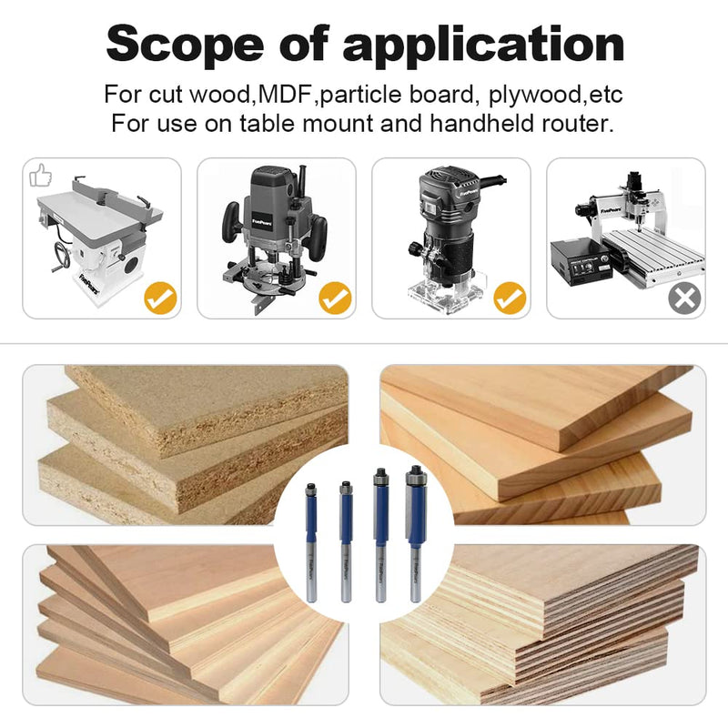 [Australia - AusPower] - FivePears 4Pcs Flush Trim Router Bits Set 1/4 Inch Shank, Bottom Bearing Flush Cut Trim Router Bit for Woodworking, 1/4", 5/16", 3/8", 1/2" Diameter 4 Bits set: 1/4" Shank 4 Bits Set - 1/4" Shank 