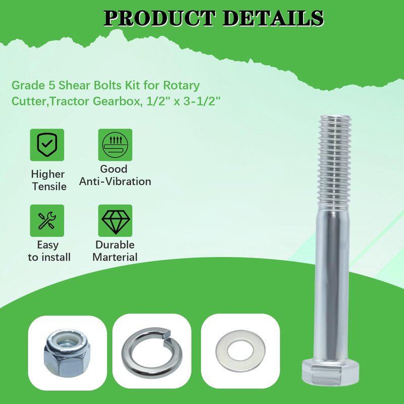 [Australia - AusPower] - 500101 Shear Bolt for Rotary Cutters & Gearboxes, Grade 5, 1/2" x 3-1/2", with Nylock Nuts, Washer, and Spring Washer, 5-Pack (Grade 5-5 Pack) Grade 5 -5 Pack 