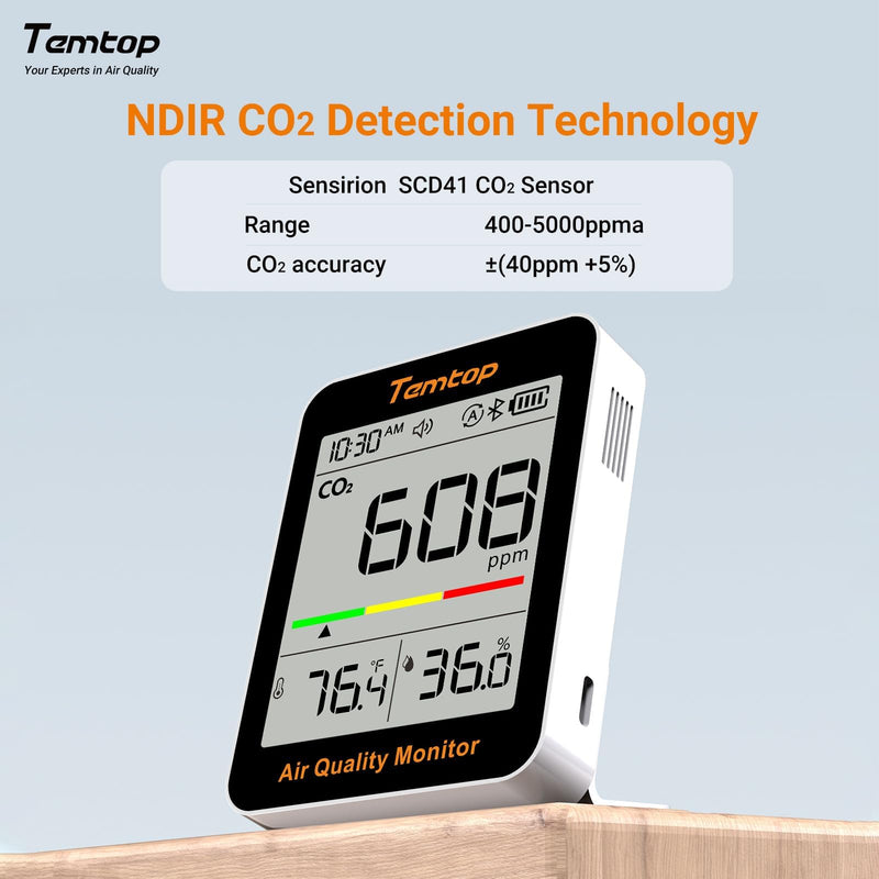 [Australia - AusPower] - Temtop C1+ CO2 Meter with App, Bluetooth Thermometer, Hygrometer with CO2 Measurement, Temperature and Humidity Sensor, Smart Monitor for Indoors, Office, Living Room, School Room Mit APP CO₂ Temp. & Feucht 