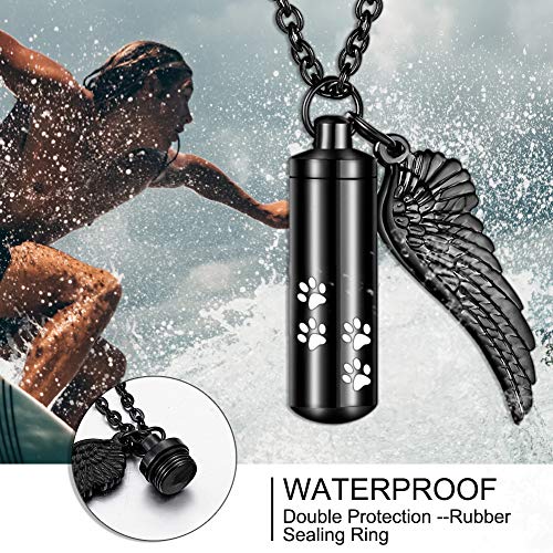 abooxiu Cylinder Cremation Necklace for Pet Ashes With Angel Wing Paw - Urn Necklace for Dog/Cat Memorial Keepsake Jewelry Black-M