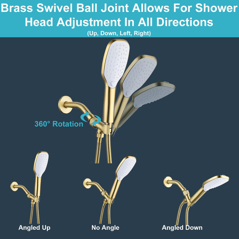 Shower Head Holder All Metal Adjustable Handheld Shower Arm Mount, 1/2" Shower Hose Holder Fits Most Hand Showerheads, Brass Hand Held Shower Head Holder , Easy to Install(Brushed Gold) Brushed Gold