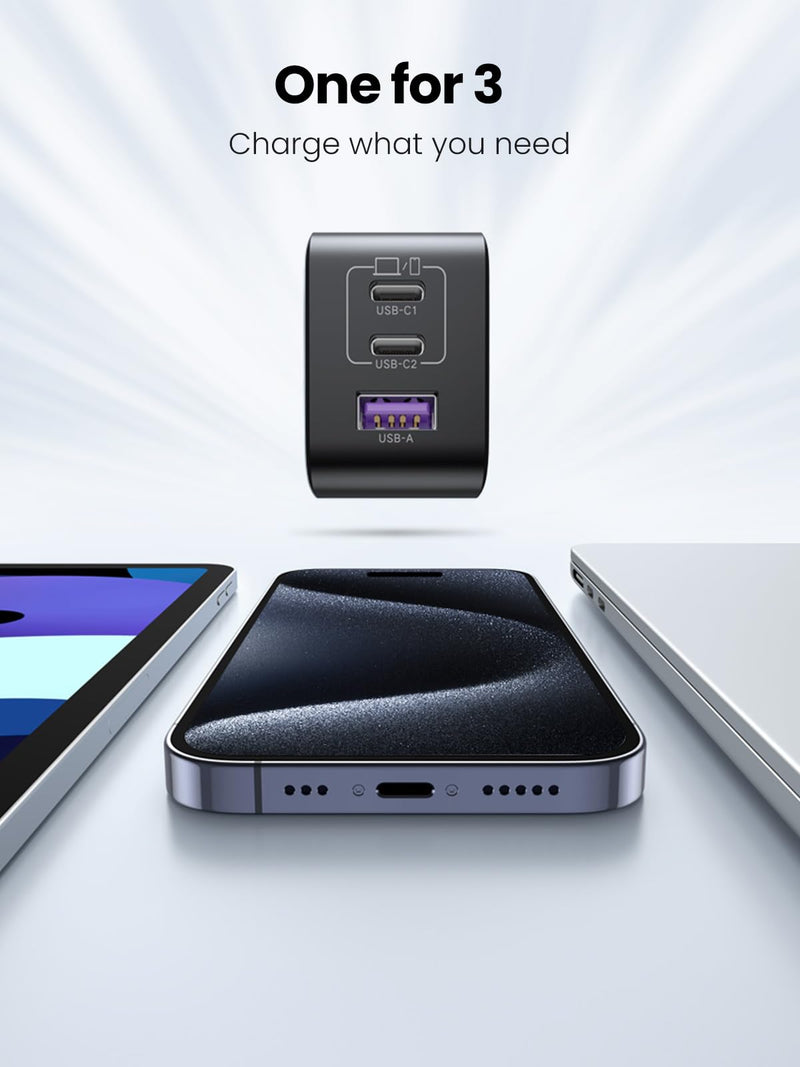 [Australia - AusPower] - UGREEN 65W USB C Charger, Nexode 3 Ports GaN Fast Charger Block, Compact Foldable Wall Charger for MacBook Pro/Air, iPhone 15 Pro Max/14/13, iPad Pro, Galaxy S24/S23, Pixel 8, Steam Deck (Black) Black 