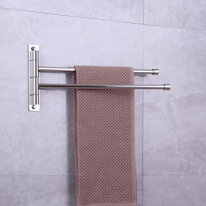 2-Arm Swivel Towel Bar Bathroom Towel Holder Wall-Mounted Swing Out Towel Rack with Hooks Rustproof Polished Finish