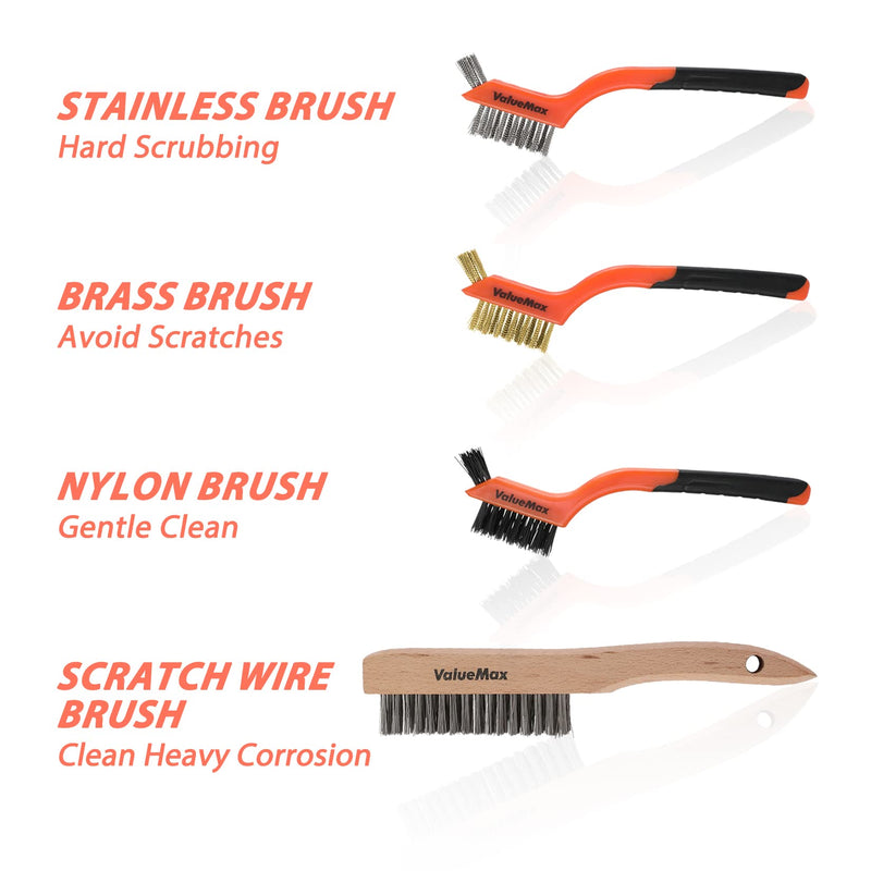 [Australia - AusPower] - ValueMax Wire Brush Set, 8Pcs Stainless Steel/Brass/Nylon Bristles with Curved Handle Grip, Heavy Duty Stainless Steel Wire Scratch Brush with Beechwood Handle for Rust, Dirt and Paint Cleaning 