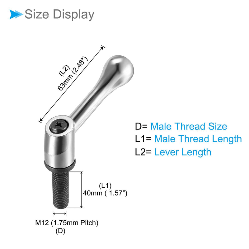 [Australia - AusPower] - Clamping Lever Handles, M12 x 40mm Male Thread, Adjustable Quick Release Locking Rotating Bolt Knobs Silver Tone - (Applications: for Lathe Machinery), 2-Pieces 