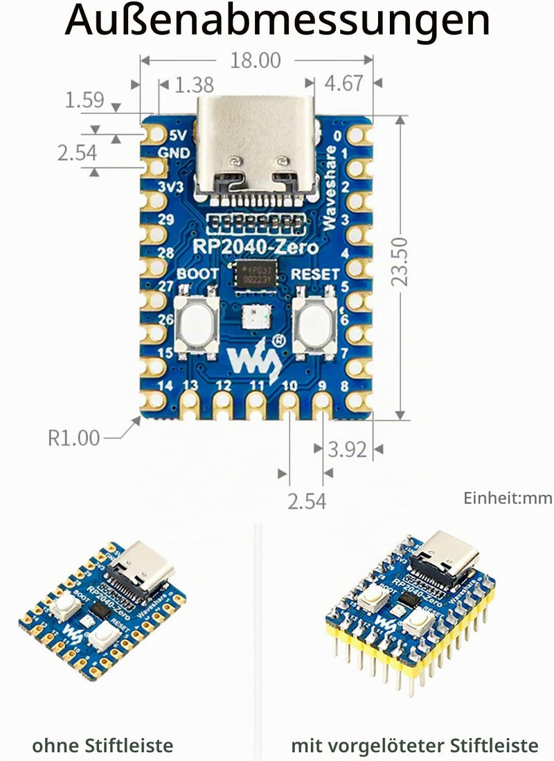 Waveshare RP2040-Zero Board with Pin Header, Based on Raspberry Pi MCU RP2040, Dual-Core Arm Cortex M0+ Processor, Flexible Clock with up to 133 MHz, Onboard 2 MB Flash, USB-C Connection RP2040-Zero with Pinheader