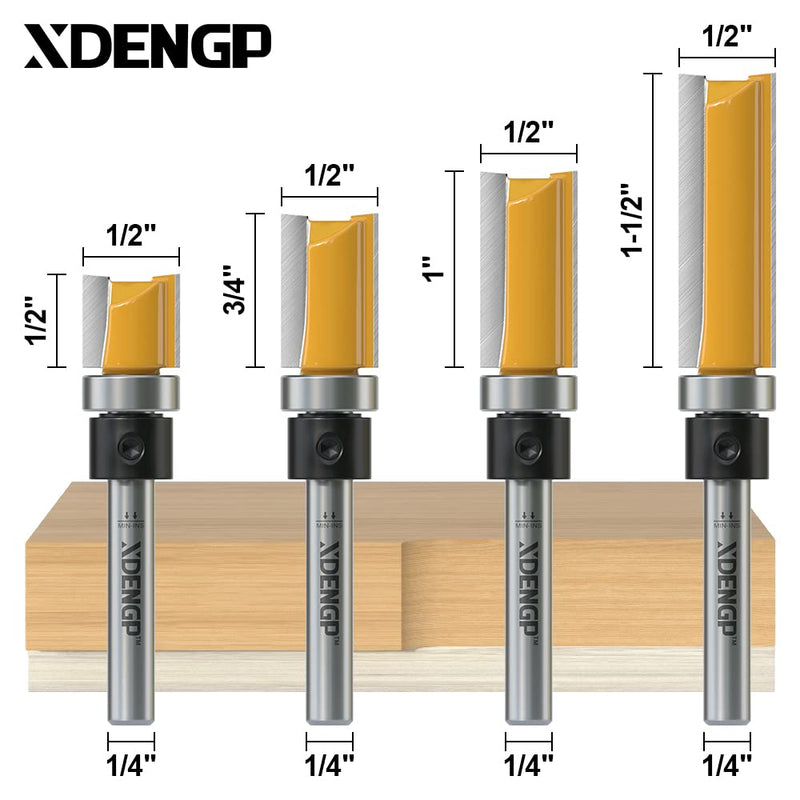 [Australia - AusPower] - 4 PCS Pattern Flush Trim Router Bit Set 1/4 Inch Shank, Top Bearing Flush Cut Trim Router Bit for Woodworking, Cutting Diameter: 1/2", Cutting Length: 1/2", 3/4", 1", 1-1/2" 4 Bits Set 