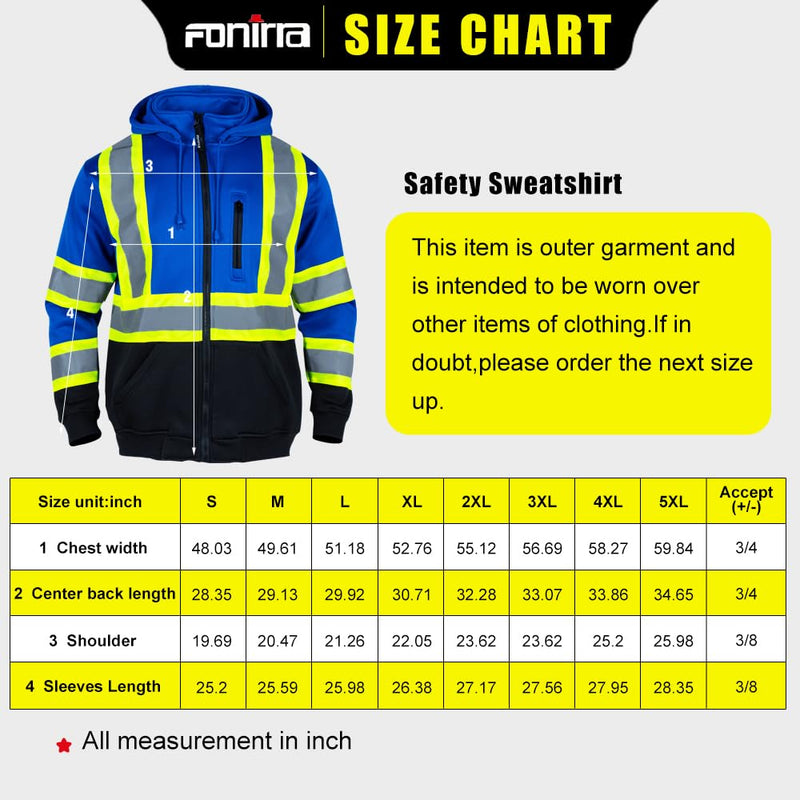 FONIRRA Hi Vis Safety Fleece Zip Hoodie for Men Reflective Sweatshirts ANSI Class 3 Jackets Detachable Hood (Blue,M) Medium Blue