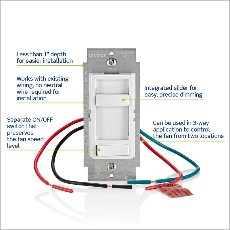 Leviton SureSlide Ceiling Fan Wall Switch, Quiet 3-Speed Fan Control, 1.5 Amps, 661F-10W, White