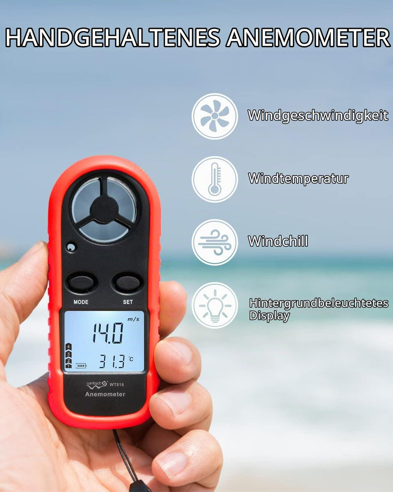 Wintact Anemometer Handheld Wind Speed Meter Digital Air Temperature Anemometer HVAC Velometer Wind Speed Meter Thermometer