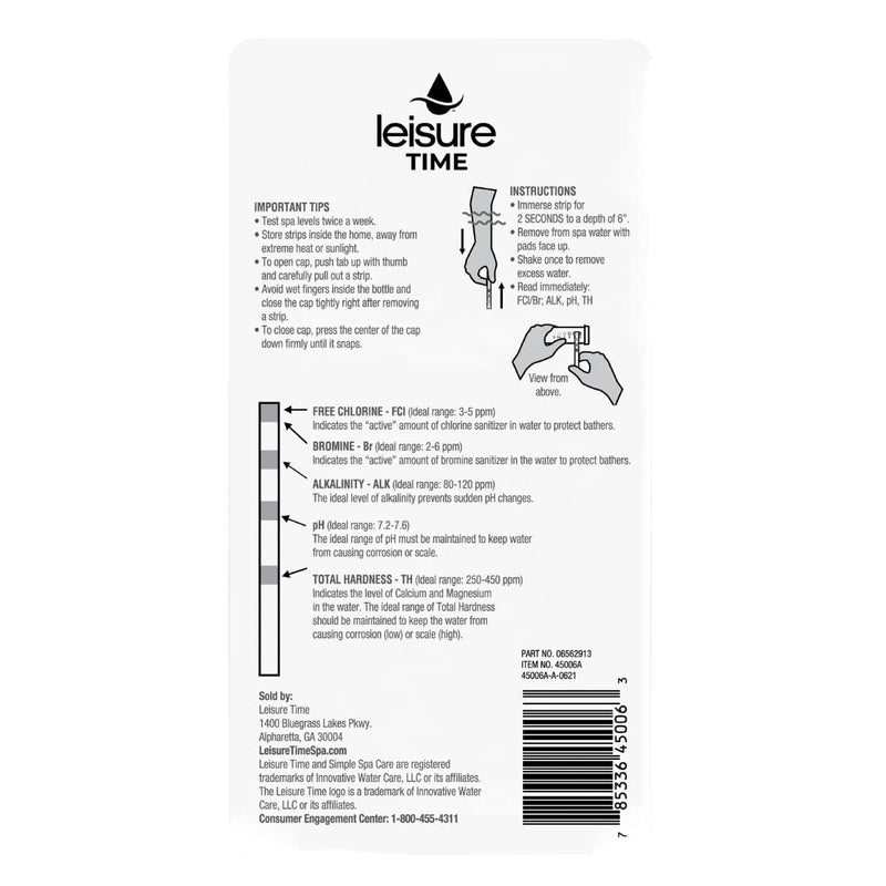 Leisure Time 45006A Spa & Hot Tub Test Strips for Chlorine and Bromine One Size Chemical Test Strip