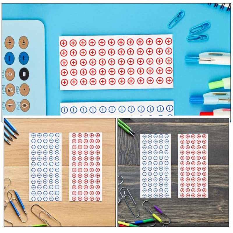 360pcs PVC 12mm Positive Negative Electrical Stickers Adhesive Battery Polarity Labels for Safe Circuit Identification Includes 6 Sheets (3 Positive 3 Negative)