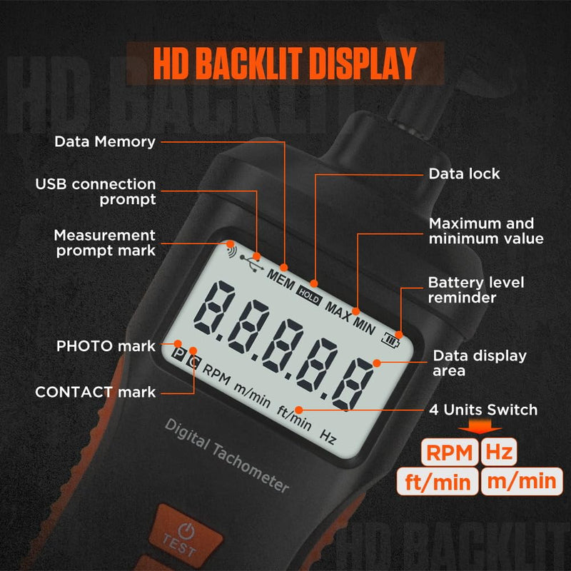 [Australia - AusPower] - Tachometer Contact & Non-contact Digital Tachometer 4 Test Mode Laser Photo Tachometer 1.0?99999RPM High Accuracy RPM Tachometer with 4 Contact Probes, Backlit Display, Data Memory/Hold,Auto Power Off 