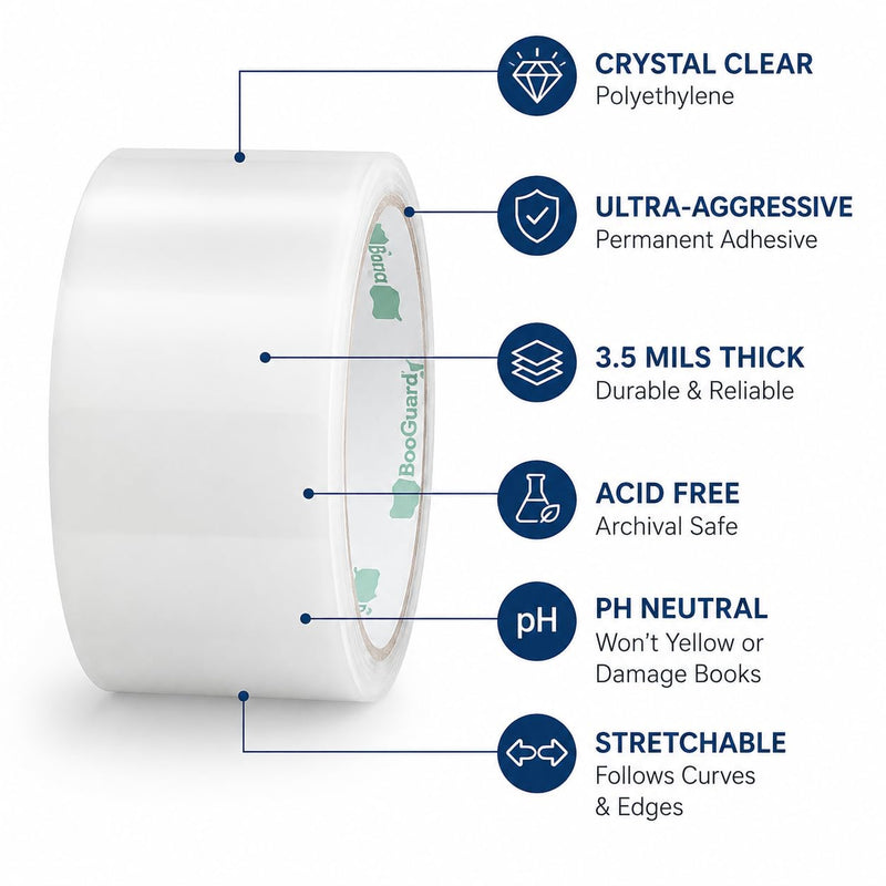 BookGuard Clear Book Repair Tape, 2 in x 15 yd Roll, Stretchable Archival-Safe Polyethylene Book Binding Tape for Spines, Covers, Hinges, Libraries, Schools, Bibles & Hymnals 2" Wide, 15 Yards Pack of 1