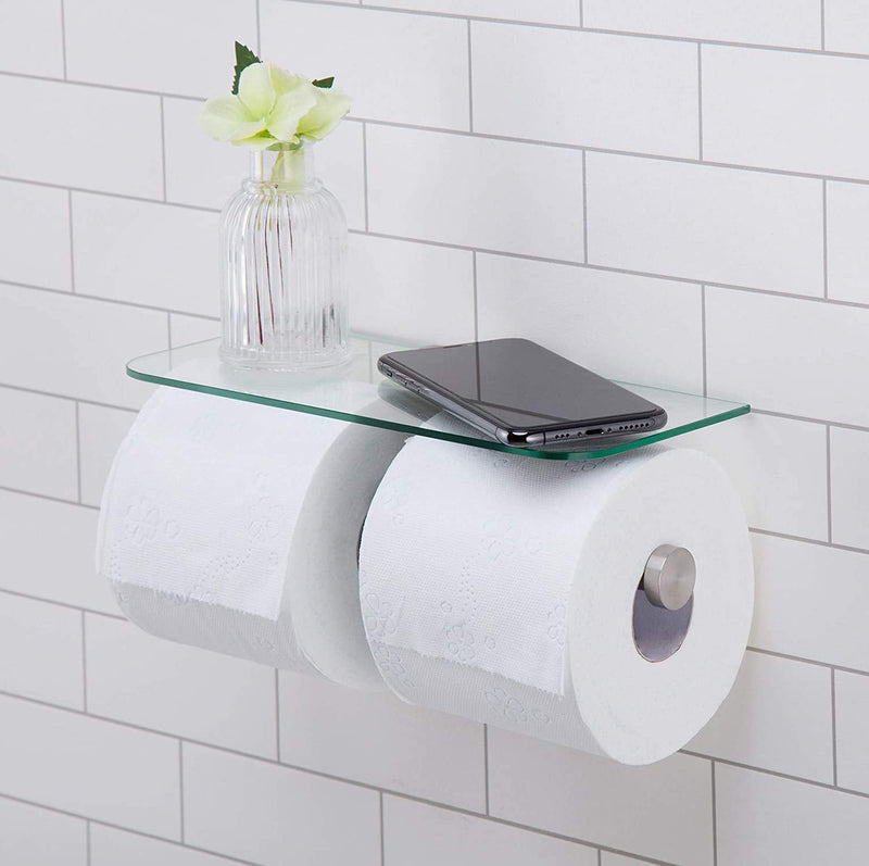 JackCubeDesign Double Toilet Paper Holder with Glass Shelf, Wall Mount Stainless Steel Dual Tissue Dispenser Holders for Bathroom (Glass Type2) - MK428D Glass Type2