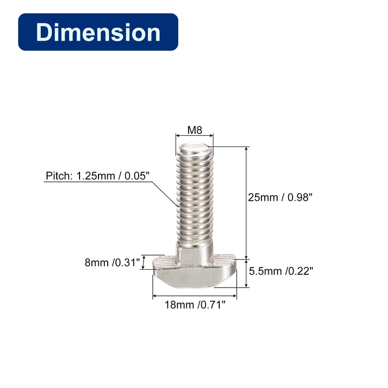 [Australia - AusPower] - uxcell M8x25mm T Slot Drop-in Bolt, 20pcs Hammer Head T-Bolt T Shape Stud Sliding Screw for European Standard 40 Series Aluminum Profile 20 