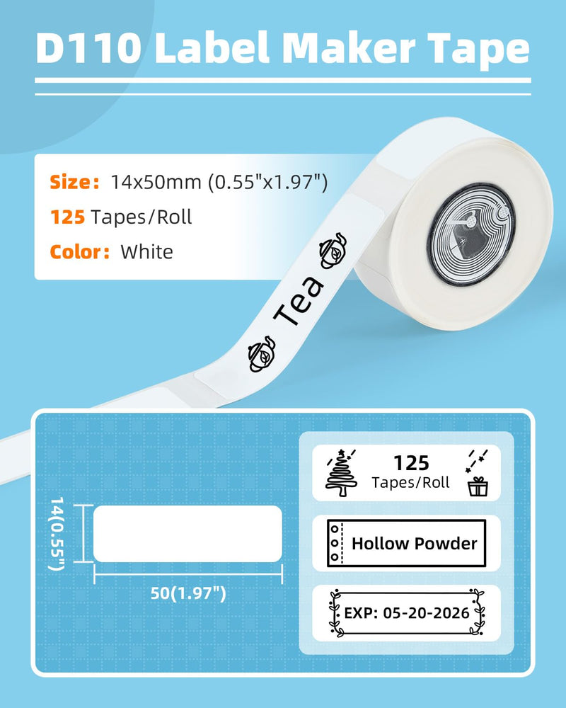 D110 Label Maker Tape Compatible with NIIMBOT D11/D110, NADAIIN N12 Label Maker, Adapted Label Paper, 14x50mm (0.55"x1.97"), Standard Laminated Office Labeling Tape, 125 Tapes/Roll, 3-Roll, White