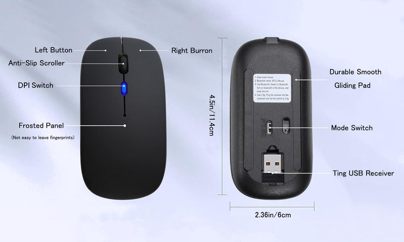 [Australia - AusPower] - Wireless Bluetooth Mouse,LED Rechargeable Silent Slim Laptop Mouse,Portable(BT5.2/3.0 and USB 2.4G) Dual Mode Computer Mice,for Apple Laptop,ipad Tablet,Desktop,Mac,Phone. (Black Mouse) Black Wireless Bluetooth Mouse 