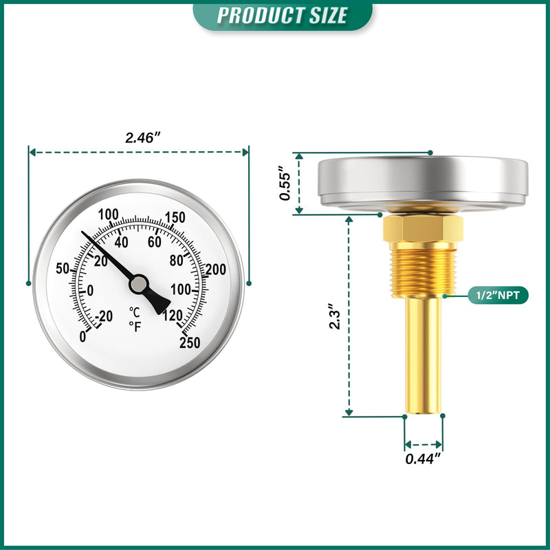 [Australia - AusPower] - 0-250°F/-20-120℃, Bimetal Thermometer, 2.5" Dial Size, 1/2" Connection Thread, Lead-Free Brass Stem with Total Length of 2.3" Back Mount, Accuracy 2%, for hot Water, boilers, and Pipes 2.5" Dial (0-250°F/-20-120°C) 