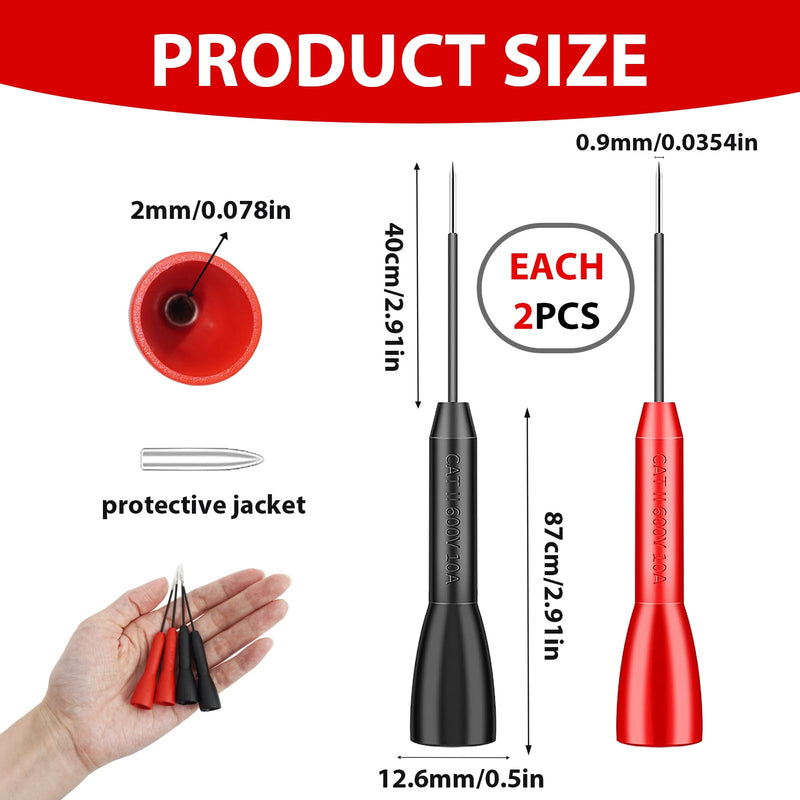 [Australia - AusPower] - 4PC 2mm Extended Needle Multimeter Probes, 600V/10A Precision - Tip Testing Piercing Leads for Meter Test Lead (Black-Red) 
