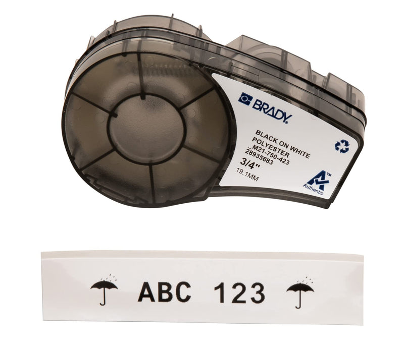 Brady Authentic (M21-750-423) Harsh Environment Polyester Label for Barcode, Solar Panel, Printed Circuit Board, Black on White- For M210, M210-LAB, M211, BMP21-PLUS and BMP21-LAB Printers, .75"W 21'L