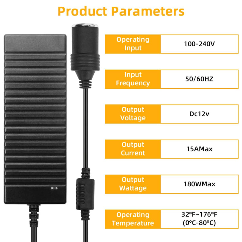 [Australia - AusPower] - 180W AC to DC Converter, 110V to 12V 15A Car Cigarette Lighter Socket AC/DC Adaptor Power Supply for Car Refrigerator, Tire Inflator, Vacuum Cleaner and Other Devices 7.2FT 