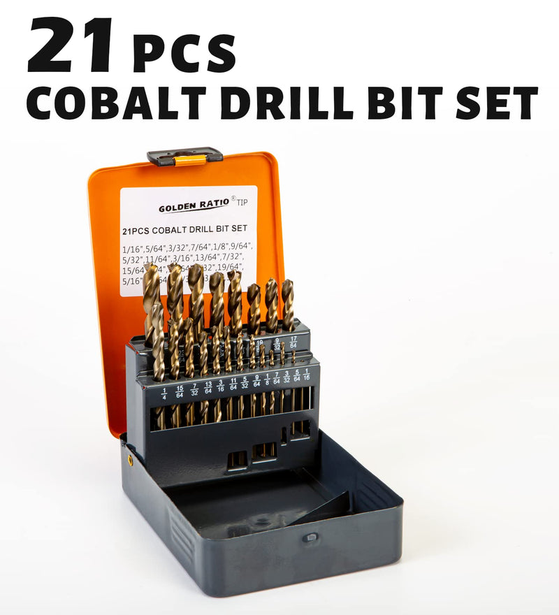 INTOO Hss Cobalt Drill Bits Set 21PCS Triangle Shank,Industry Drill bits with Golden Ratio Tip, M35-21PCS