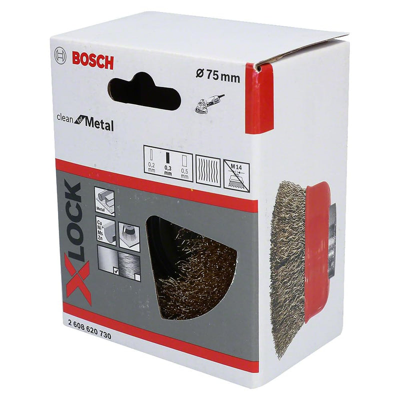 [Australia - AusPower] - Bosch 1x PRO Brass-Coated Steel Lognlife Cup Brush, Crimped Wire for Small Angle Grinder and X-Lock (for Non-ferrous metals, Steel, Ø 75 mm, Professional Accessory Small Angle Grinder) wavy für Ø115 mm 