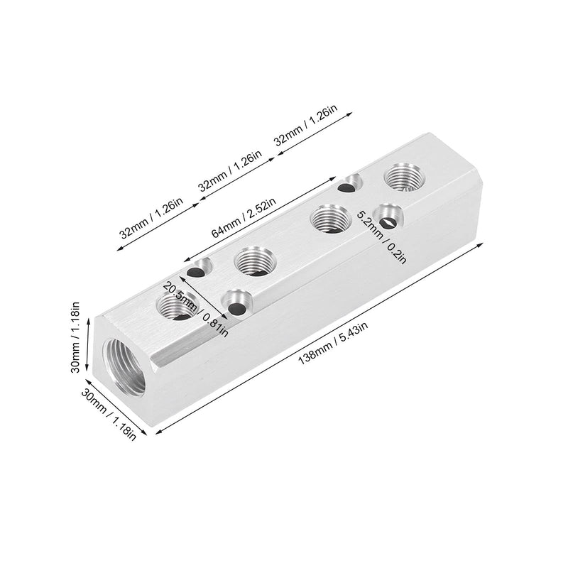 Eujgoov Pneumatic Distribution Block, Air Distribution Block, Aluminum Block, Compressed Air Distributor, Pneumatic Block, G1/2 Input, G1/4 Output, 30 x 30 mm (SY30‑02‑4F)