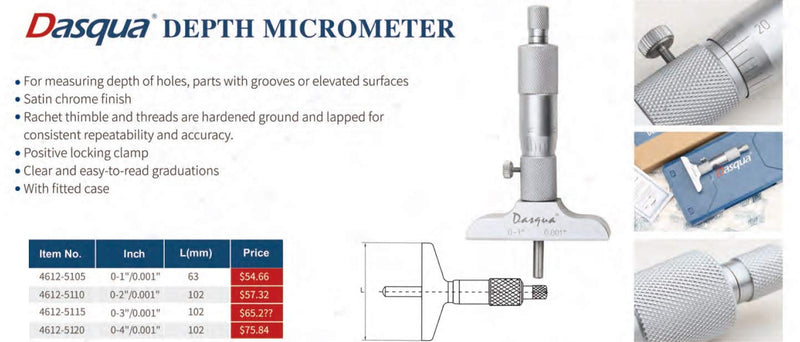 [Australia - AusPower] - Dasqua 4612-5105 0-1" Depth Micrometer 