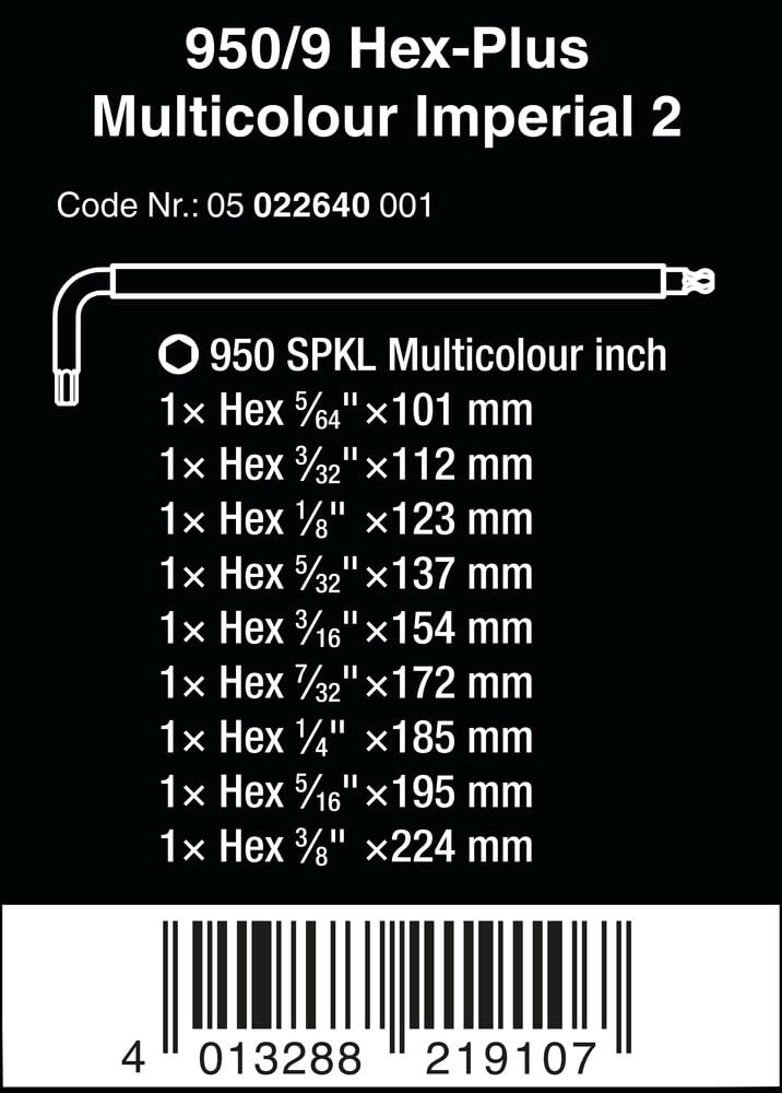 Wera 05022640001 950/9 Hex-Plus Multicolour Imperial 2 L-Key Set, Imperial, BlackLaser, 9 Pieces