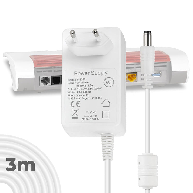 Wicked Chili 12 V / 3.5 A Power Supply 3 m Long Cable Compatible with AVM | Fritz!Box Router, Fritz WLAN Repeater (AX, DSL, Cable, LTE) Telekom Speedport Smart, Plug Power Supply Extension 300 cm