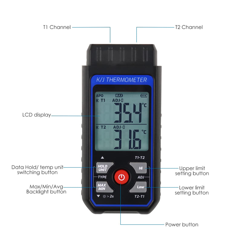 [Australia - AusPower] - Thermocouple Thermometer with 4 K-Type Thermocouples, Digital Dual-Channel K/J Type HVAC Temperature Meter, Temperature Range from -328 to 2501°F, Temperature Meter with Alarm and ADJ Compensation 