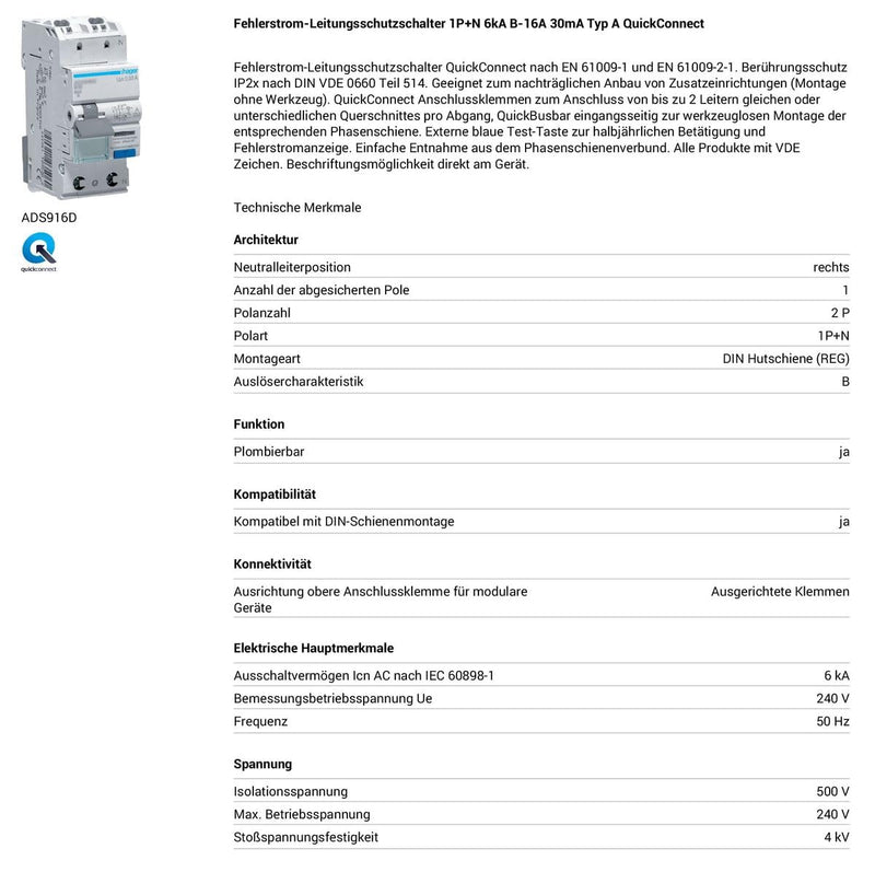 [Australia - AusPower] - Hager ADS916D Residual Current Circuit Breaker B 16A 30mA 2-Pin 1-Pin Protected Single 