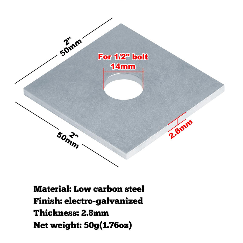 [Australia - AusPower] - 12 Pcs Square Plate Washers 1/2" (ID) x 2" x 2", Flat Plate Washers,1/8" (2.8mm) Thick 
