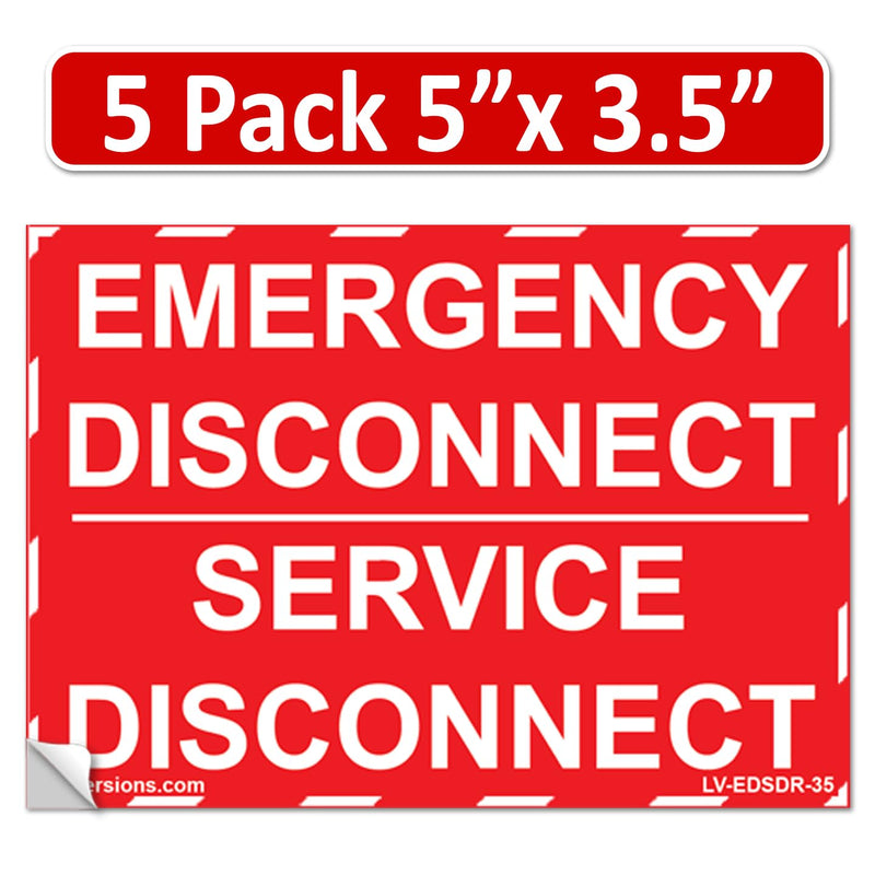 NEC 2025 Compliant - RED 5 Pack 5"x 3.5" Emergency Disconnect Service Labels Decal Sign Notice Sticker Elerctrical Panel Vinyl Waterproof Style 2 Laminated