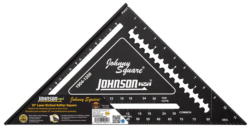 Johnson Level & Tool 1904-1200 Johnny Square Professional Easy-Read Aluminum Rafter Square, 12", Black, 1 Square 12" Johnny Square