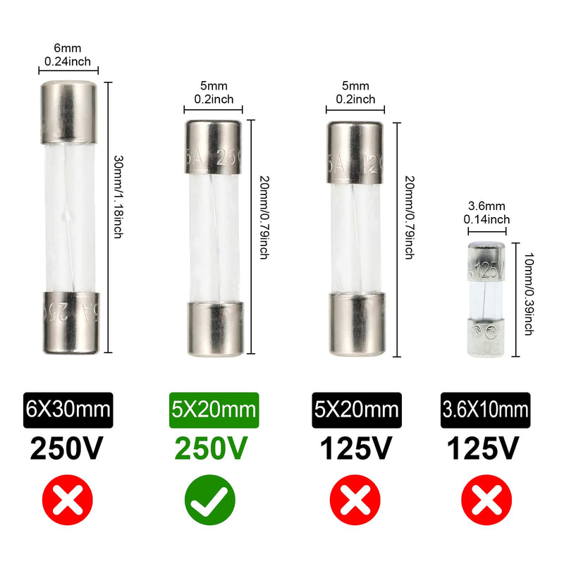 [Australia - AusPower] - 100 x 10 Values Quick Impact Glass Fuses Assortment Set 5 x 20 mm Fuse 250 V Fuses 0.2 A, 0.5 A, 1 A, 2 A, 3 A, 5 A, 6 A, 8 A, 10 A, 15 A Packaging in a Plastic Box 