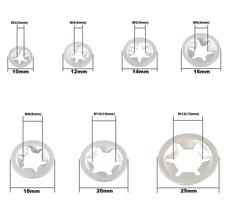 [Australia - AusPower] - 300PCS Metric M3 M4 M5 M6 M8 M10 M12 Stainless Steel Internal Tooth Starlock Washers Assortment Kit;External Push Rings; Push On Washers;Push Nuts for Unthreaded Shafts 