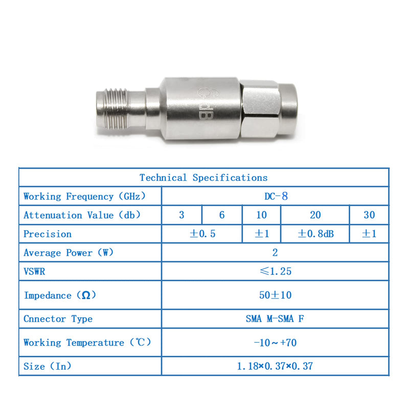 2PCS RF Coaxial Attenuator 8GHz 6dB 2W 50Ohm SMA Male to SMA Female Fixed Attenuator 2W 8G 6dB