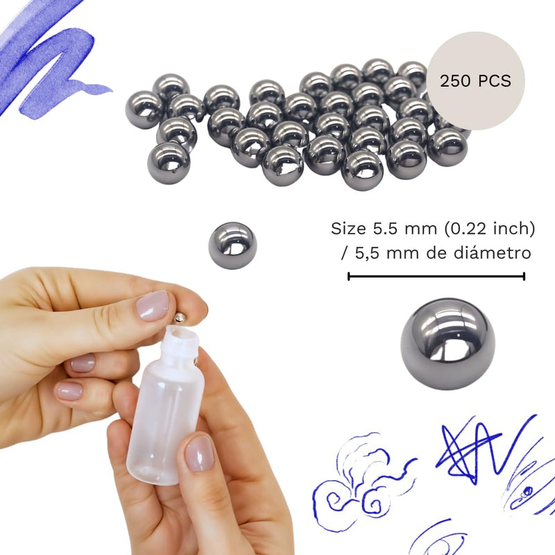 [Australia - AusPower] - Hartem - Paint Mixing Balls | Stainless Steel Precision Balls for Mixing Model Paints| 5.5 mm (0.22 inch) Small Ball Bearings 250 pcs - Prevents Sedimentation, Nail Polish, Decanter Cleaning Beads 