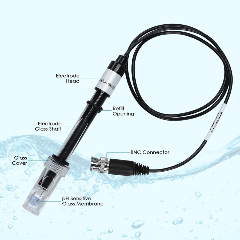 pH Electrode Meter, Refillable pH Probe with BNC Connector High Accuracy pH Sensor Probe with Calibration Powder 0-14 Large Glass Bubble Design pH Meter for Water (2M)