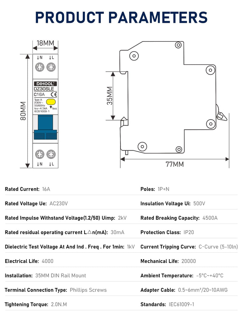 [Australia - AusPower] - DIHOOL FI/LS Circuit Breaker 16 A 30 mA 0.03 2-Pin RCBO C16A Residual Current Circuit Breaker with 18 mm Width Bi-Directional Connection FI LS Switch Type-A, C16A 