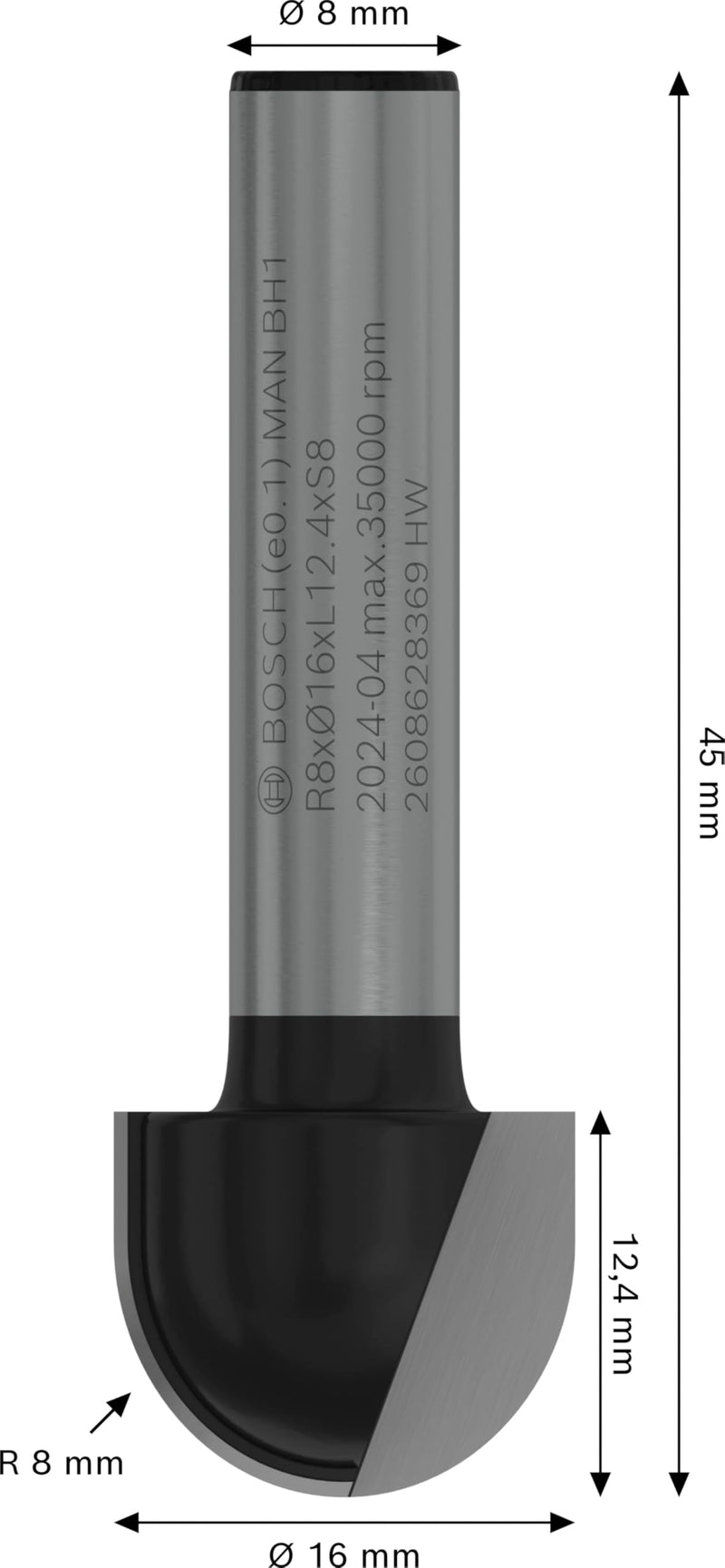 [Australia - AusPower] - Bosch 2 608 628 369 Core Box Bits 8 mm, R1 8 mm, D 16 mm, Working Length 12.7 mm, Total Length 45 mm L 8 mm silver/black 
