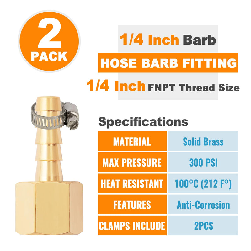 [Australia - AusPower] - SUNGATOR 1/4'' Female Hose Barb Fitting, 1/4 Inch Barb × 1/4 Inch NPT Female Brass Hose to Barb Adapter, Barbed 1/4'' Female NPT Hose Connector with 2 Hose Clamps (2 PCS) 1/4" Barb x 1/4" NPT Female 2 Pack 