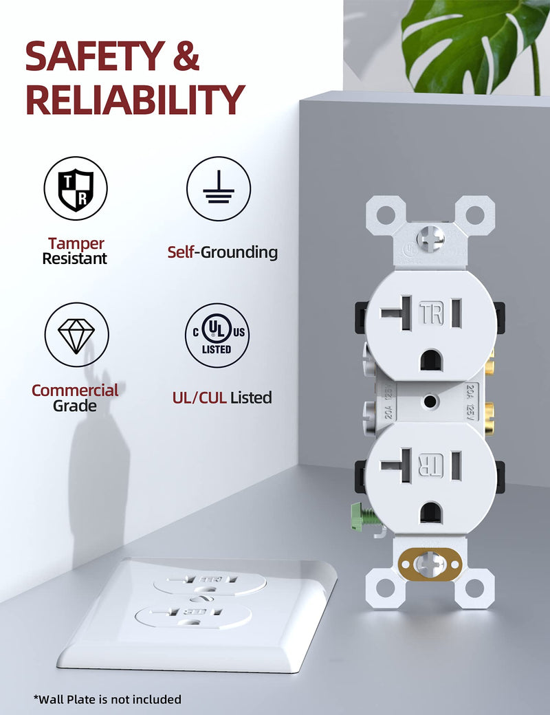 [Australia - AusPower] - AIDA Duplex Electrical Receptacle Outlets, 20Amp 125V Wall Outlet, Residential, TR, 3-Wire, Self-Grounding, UL Listed, Push & Side Wire, White (10 Pack) 10 Pack 
